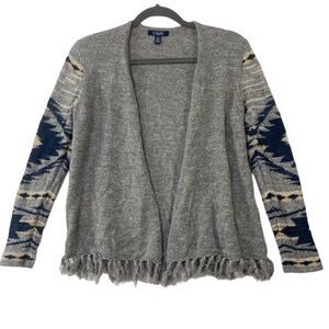 Chaps gray blue Aztec print sleeve open fringe cardigan. Size small